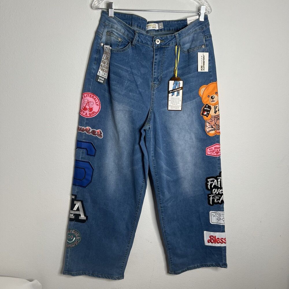 Celebrity Ace Womens  Jeans Blue Embellished Wide Leg Size 16 New